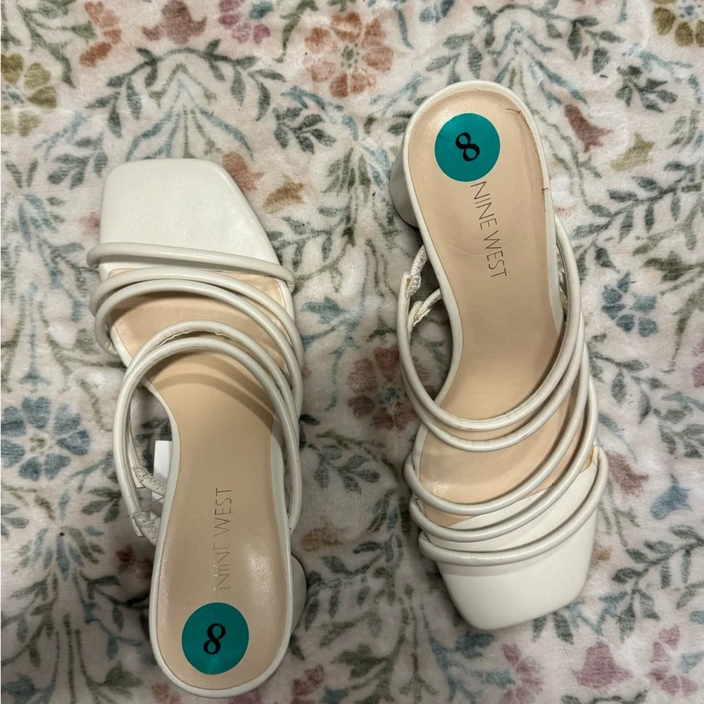 Never Worn Nine West White Strappy Square-Toe Slide Heels